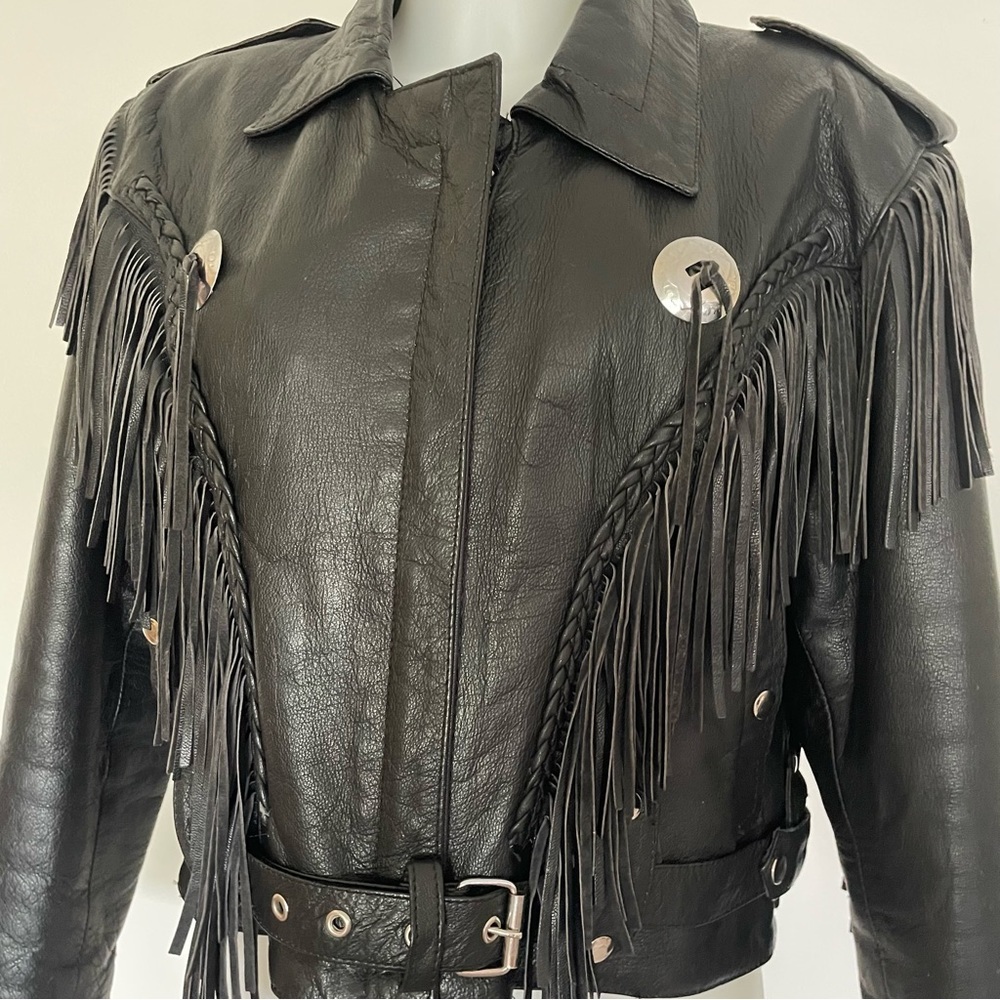 VTG UNIK Premium Black Fringe Conchos Leather Motorcycle Jacket Size…